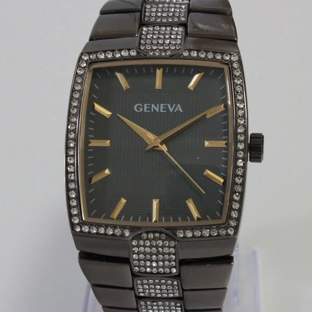 Geneva Men's Tank Style Quarts Watch Gun Metal Grey With Stone Accents 37mm